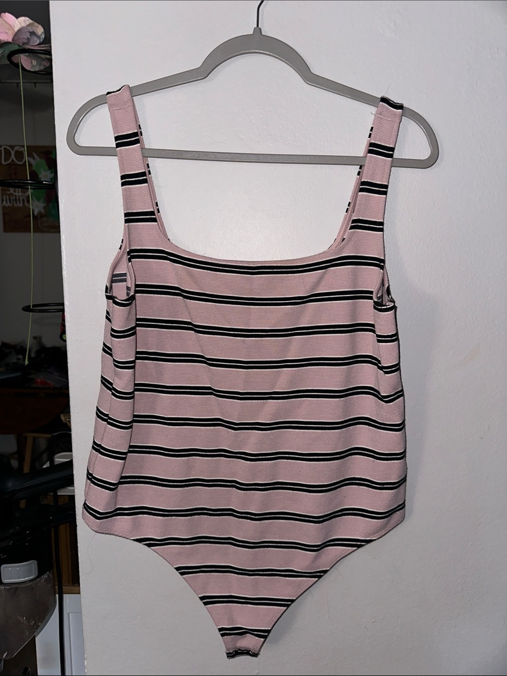 Express Pink Striped Tank Bodysuit with Black & White Accents